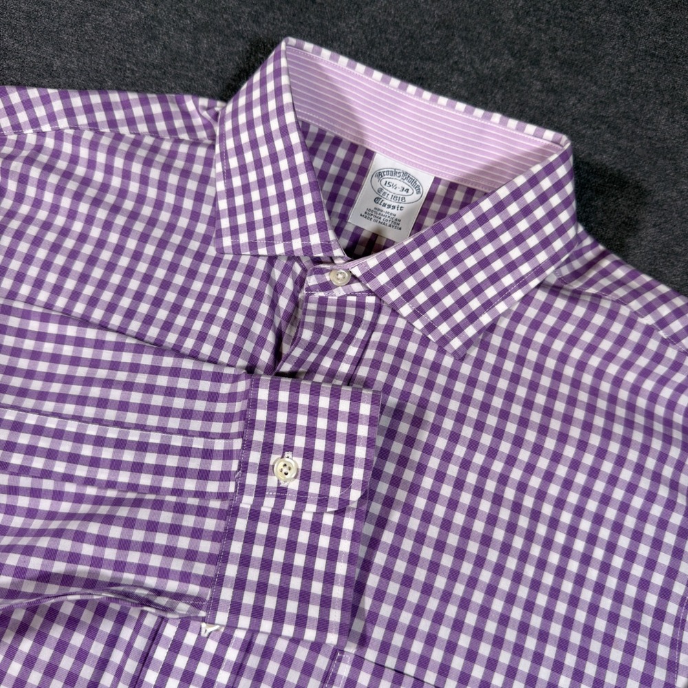 Brooks Brothers Button Up Shirt Mens 15.5 34 Purple Gingham Classic Non-Iron